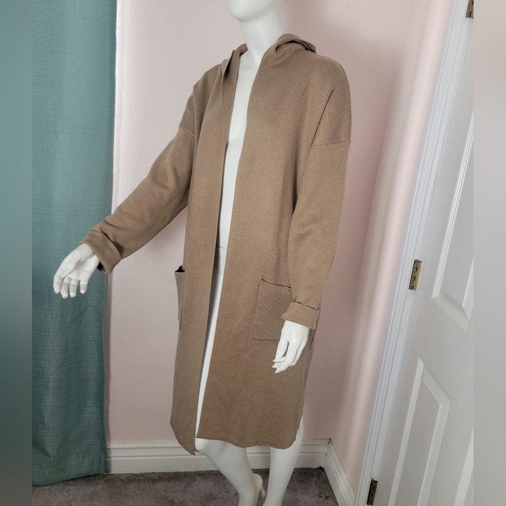 MEROKEETY Women's Long Hooded Knit Cardigan Sweater with Pockets Light Taupe Siz - Picture 6 of 10
